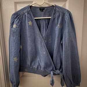 J. Crew Blue Puff Sleeve Wrap Blouse